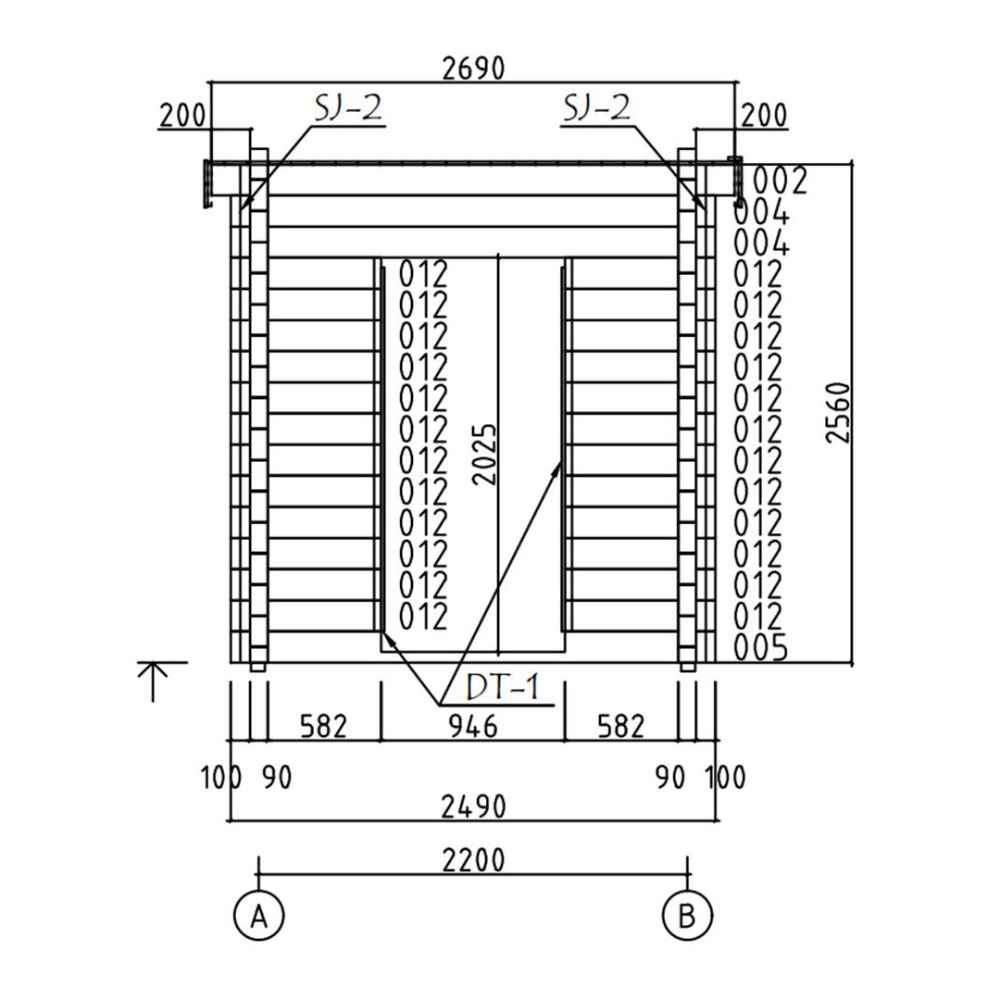 Front elevation schematic of the GardenHouse24 USA Sauna Li 90 Garden Room illustrates the door position, wall layering, and structural measurements