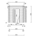 Front elevation technical drawing of the GardenHouse24 USA Sauna Tuuli 90 Garden Room, illustrating the dimensions of the doorway and front facade structure