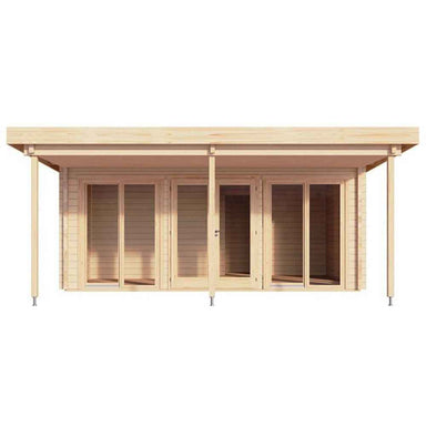 Front elevation view shows the symmetrical design and wide glass doors of the GardenHouse24 USA Taunus 70 VD Garden Room in natural wood