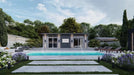 Front of Sawmill Structures The Muskoka Garden Suites displays clean architectural lines, fountains, and lush landscaping around a central pool