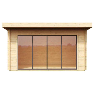 Front of the GardenHouse24 USA ALU Concept 70E Garden Room displays a sleek five-panel glass facade for maximum natural light