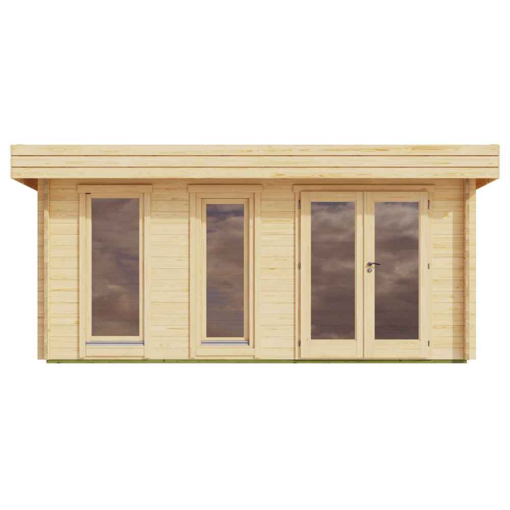 Front view highlights the GardenHouse24 USA Miriam 44B Modern Garden Room with four tall glass panels and a central double door entry
