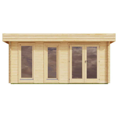 Front view highlights the GardenHouse24 USA Miriam 44B Modern Garden Room with four tall glass panels and a central double door entry