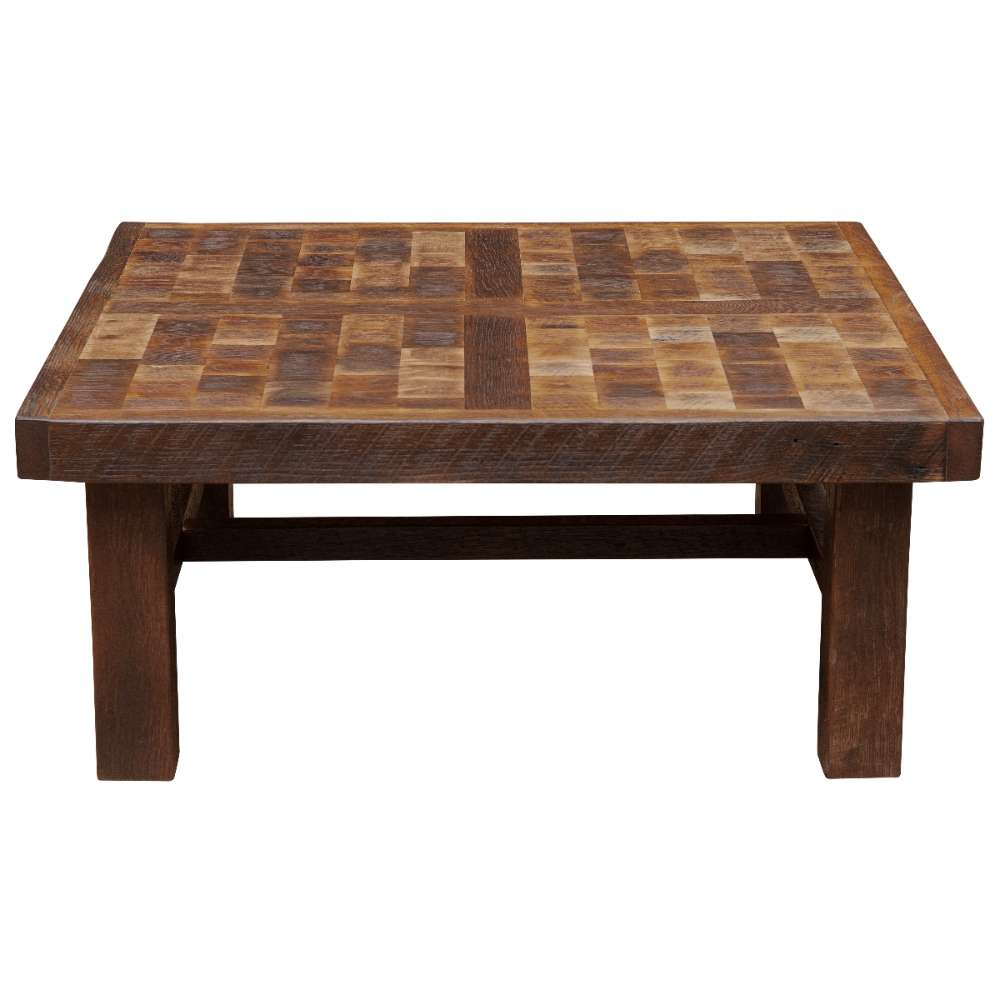 Front view of Fireside Lodge Barnwood Americana Coffee Table - 36 Inch featuring a square wooden tabletop with a checker-pattern design and sturdy legs
