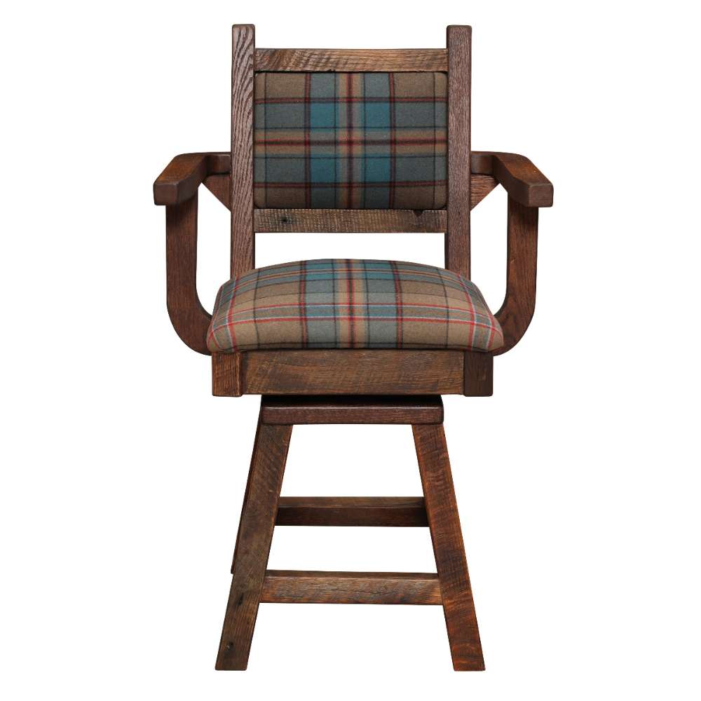 Front view of Fireside Lodge Barnwood Colonial Swivel Barstool with Arms displaying its plaid upholstery and sturdy armrests