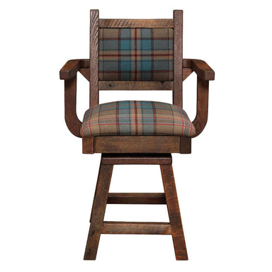 Front view of Fireside Lodge Barnwood Colonial Swivel Barstool with Arms displaying its plaid upholstery and sturdy armrests