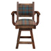 Front view of Fireside Lodge Barnwood Colonial Swivel Barstool with Arms displaying its plaid upholstery and sturdy armrests