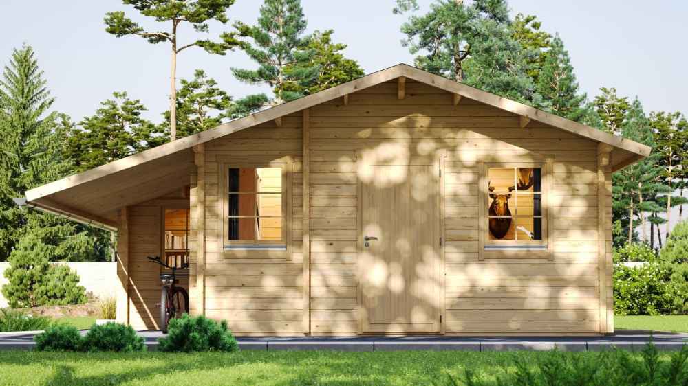 Front view of GardenHouse24 USA Den 70 Garden Room with trees in the background and a bike leaning on the wall