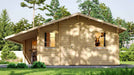 Front view of GardenHouse24 USA Den 70 Garden Room with trees in the background and a bike leaning on the wall