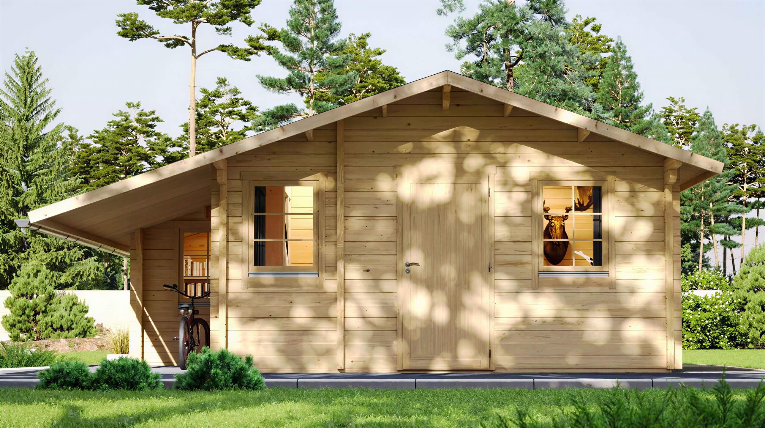 Front view of GardenHouse24 USA Den 70 Garden Room with trees in the background and a bike leaning on the wall