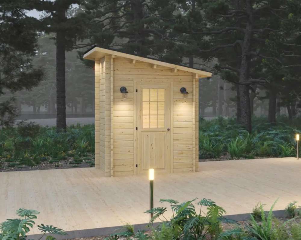 Front view of Sawmill Structures Loo Loo House Garden Room reveals a warm-lit wooden door and elegant black sconces on each side