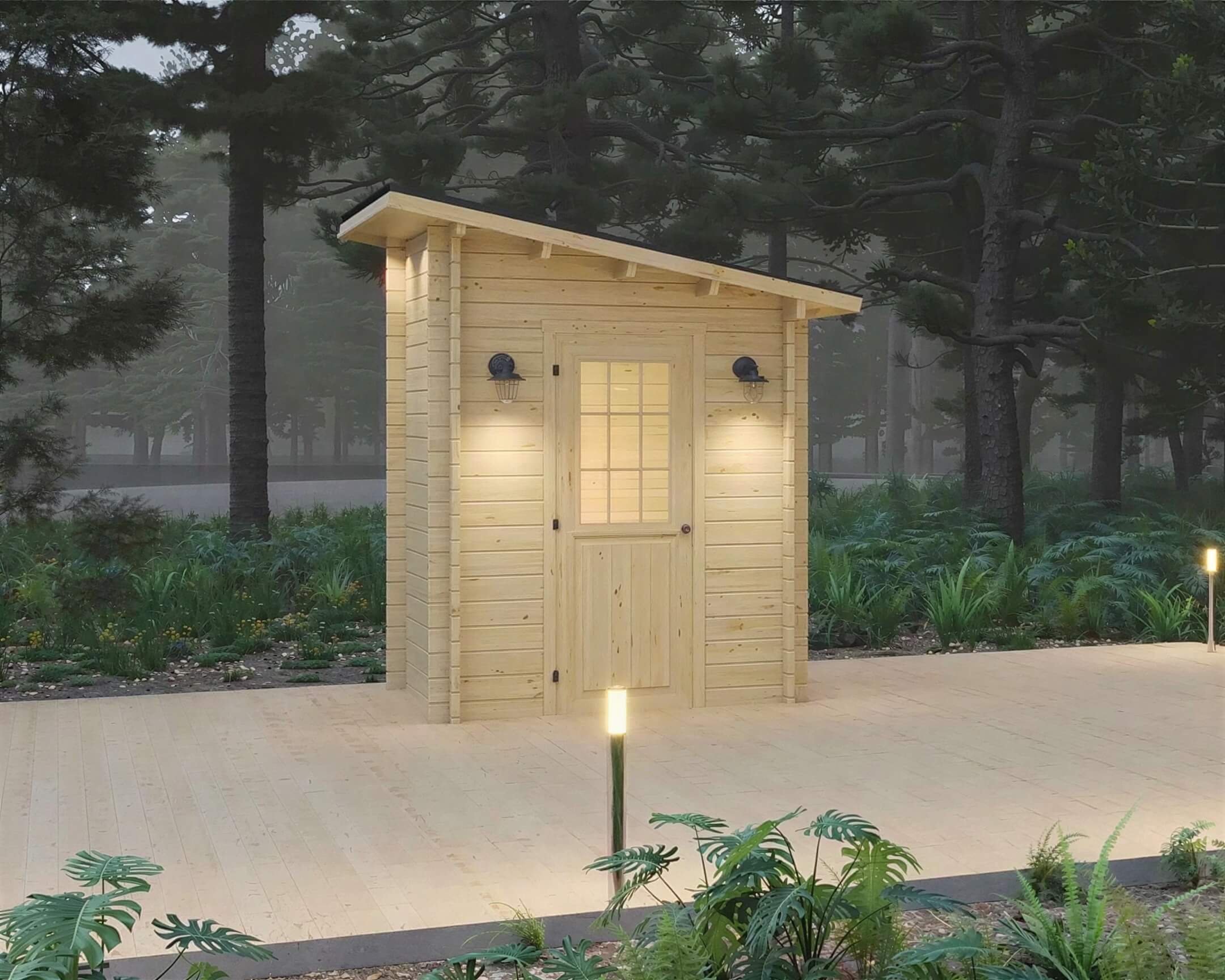 Front view of Sawmill Structures Loo Loo House Garden Room reveals a warm-lit wooden door and elegant black sconces on each side