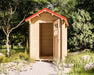 Front view of a quaint wooden hut with a pitched roof and open door shows the cozy size and outdoor charm of the Sawmill Structures The Wee Wee House 33 Garden Room