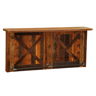 Front view of the Fireside Lodge Barnwood 7-Foot Bar, featuring rustic reclaimed wood panels with a barn-style X design and industrial metal foot rails