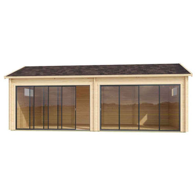 Front view of the GardenHouse24 USA ALU Concept Jara 70B Garden Room displays two large floor-to-ceiling glass doors framed by natural wood