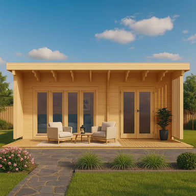 Front view of the GardenHouse24 USA Arhus 70 Garden Room shows a modern wooden cabin with large glass doors and a cozy porch setup with two chairs and a small table