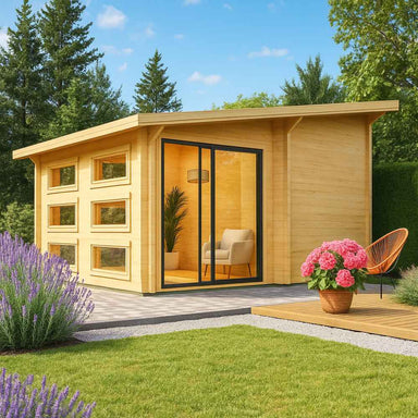 Front view of the GardenHouse24 USA Caddie 70A ALU ISO Garden Room, showing a cozy chair inside and surrounded by flowers and greenery