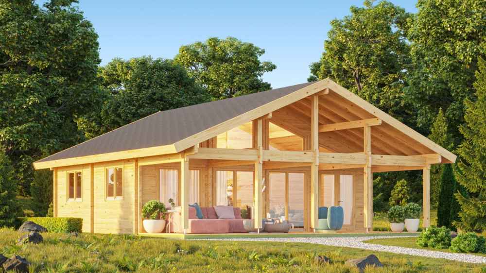 Front view of the GardenHouse24 USA Caroline 90 Garden Room with a modern wooden exterior, open patio, and vibrant outdoor furniture surrounded by trees