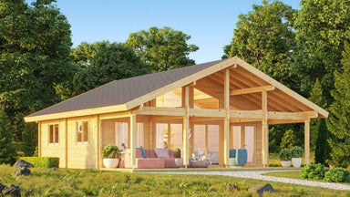 Front view of the GardenHouse24 USA Caroline 90 Garden Room with a modern wooden exterior, open patio, and vibrant outdoor furniture surrounded by trees