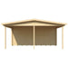 Front view of the GardenHouse24 USA Carport Hans 70 Garden Room reveals a wide wooden panel wall with no windows and a pitched roof supported by beams