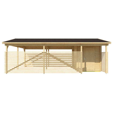 Front view of the GardenHouse24 USA Carport Hugo 44 Garden Room displays the wide entryway, slatted wood fencing, and integrated door