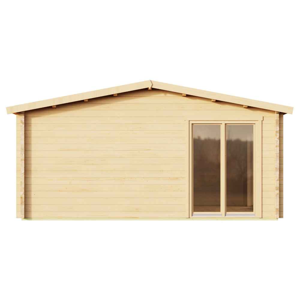 Front view of the GardenHouse24 USA Davos 44B Garden Room displays its wooden wall with a single glass double door and no windows
