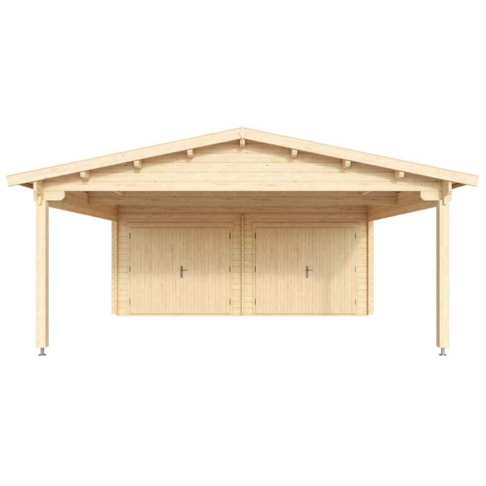 Front view of the GardenHouse24 USA Double Carport Erki 44 Garden Room highlights its single door and double windows next to the open carport