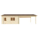 Front view of the GardenHouse24 USA Double Garage and Carport Erki 70 Garden Room shows a wooden structure with two windows, a door, and a carport on the right