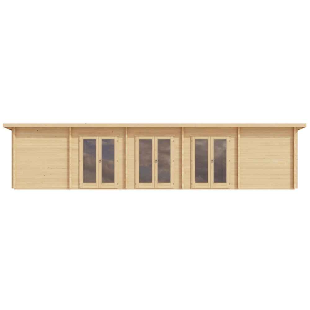 Front view of the GardenHouse24 USA Game Room 70 Garden Room highlights its symmetrical design with three sets of double glass doors framed by wooden panels