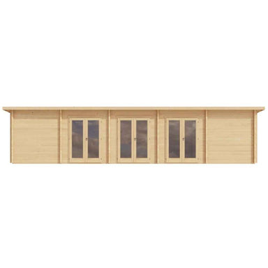Front view of the GardenHouse24 USA Game Room 70 Garden Room highlights its symmetrical design with three sets of double glass doors framed by wooden panels