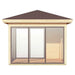 Front view of the GardenHouse24 USA Glaspavillon ALU 44E ISO Garden Room highlights its full glass sliding doors framed in wood