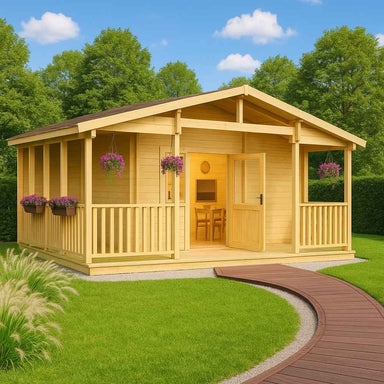 Front view of the GardenHouse24 USA Glostrup 44 Garden Room shows a cozy wooden cabin with a welcoming porch, surrounded by green grass and flowers