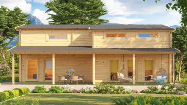 Front view of the GardenHouse24 USA Marcy 70 Garden Room shows a spacious wooden cabin with a shaded porch and hanging chairs for relaxation