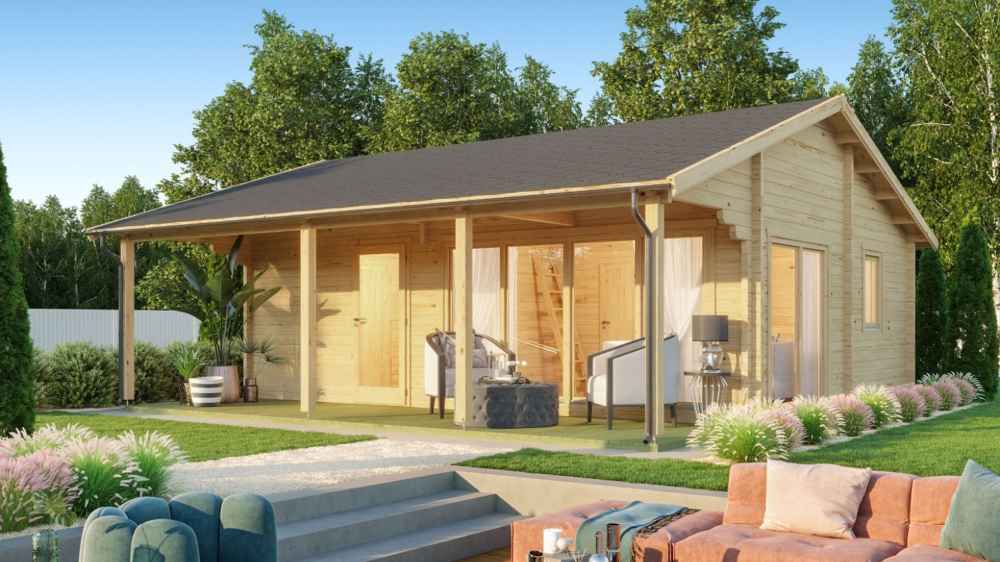 Front view of the GardenHouse24 USA Mikka 70B Garden Room with inviting outdoor seating and decorative landscaping