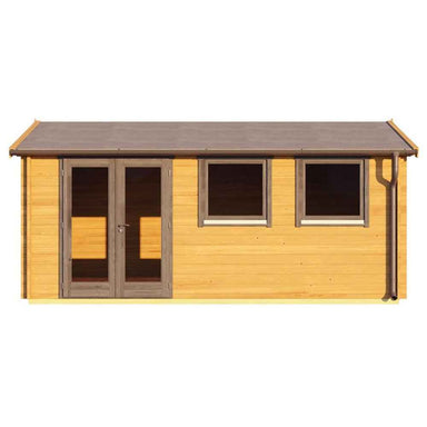 Front view of the GardenHouse24 USA Miriam 44A Classic Garden Room, displaying its double doors and three front-facing windows
