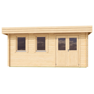 Front view of the GardenHouse24 USA Miriam 44B Classic Garden Room shows three square windows and double wooden doors framed symmetrically under a flat overhanging roof