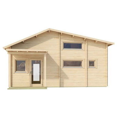 Front view of the GardenHouse24 USA Montreal 70 Garden Room, showing clean lines, wood paneling, and a small entry porch