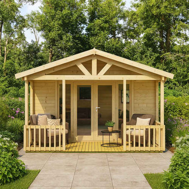 Front view of the GardenHouse24 USA Nepean 44A Garden Room, nestled in a lush garden with cozy seating on both sides of the entrance under a charming gable roof