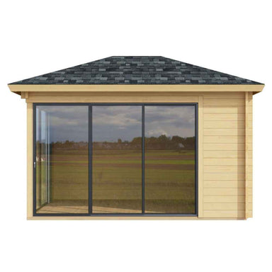 Front view of the GardenHouse24 USA Pavilion ALU 44B Garden Room highlights wide, reflective glass panels framed by natural wood
