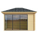 Front view of the GardenHouse24 USA Pavilion ALU 44B Garden Room highlights wide, reflective glass panels framed by natural wood