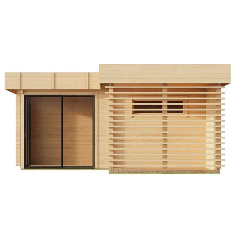 Front view of the GardenHouse24 USA Sauna Forte 70 Garden Room showing its clean wood slats, sliding glass door, and a small rectangular window
