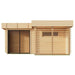 Front view of the GardenHouse24 USA Sauna Forte 70 Garden Room showing its clean wood slats, sliding glass door, and a small rectangular window