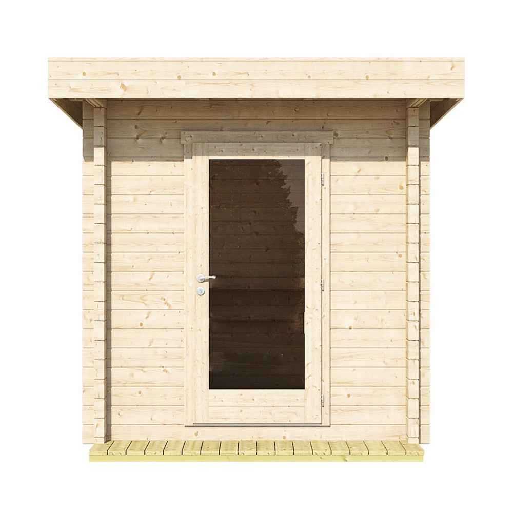 Front view of the GardenHouse24 USA Sauna Li 90 Garden Room shows a centered glass door framed by clean horizontal timber slats
