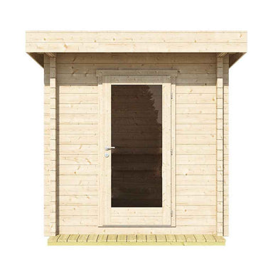 Front view of the GardenHouse24 USA Sauna Li 90 Garden Room shows a centered glass door framed by clean horizontal timber slats