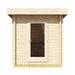 Front view of the GardenHouse24 USA Sauna Li 90 Garden Room shows a centered glass door framed by clean horizontal timber slats