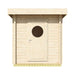 Front view of the GardenHouse24 USA Sauna Maria 90 Garden Room shows a centered door with a circular window and overhanging roof