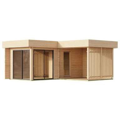 Front view of the GardenHouse24 USA Sauna Piano 70 Garden Room highlights sliding glass doors, a wooden entry door, and a shaded slatted corner area