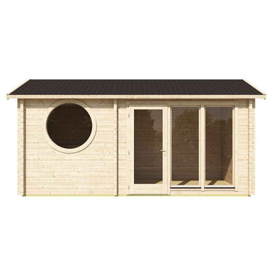 Front view of the GardenHouse24 USA Sauna Sanna 90 Garden Room highlights its symmetrical design, with a round window on the left and full-height glass doors on the right