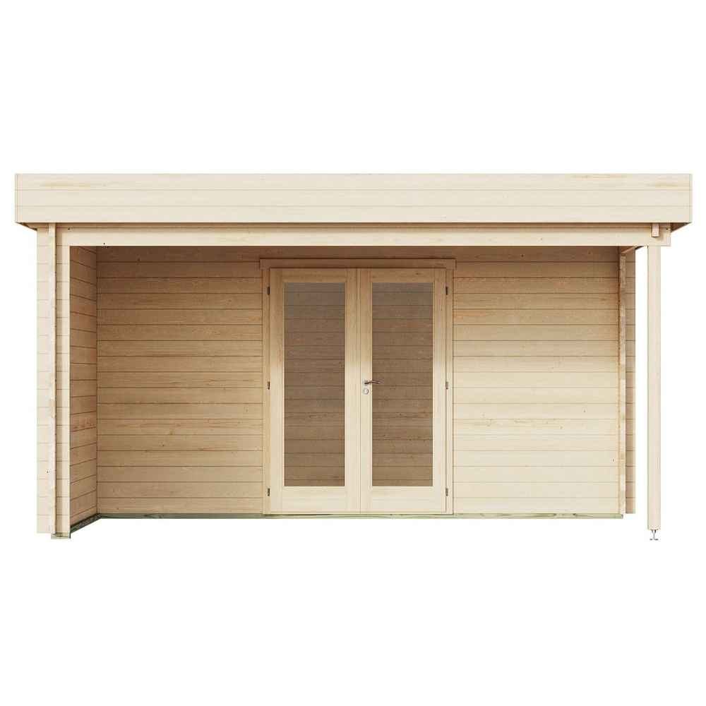 Front view of the GardenHouse24 USA Sauna St.Moritz 70 Garden Room features double glass doors under a roofed section, revealing a cozy indoor space