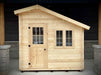 Front view of the Sawmill Structures Bluewater Den 67 Garden Room, clearly showing the centered door and two windows to the right